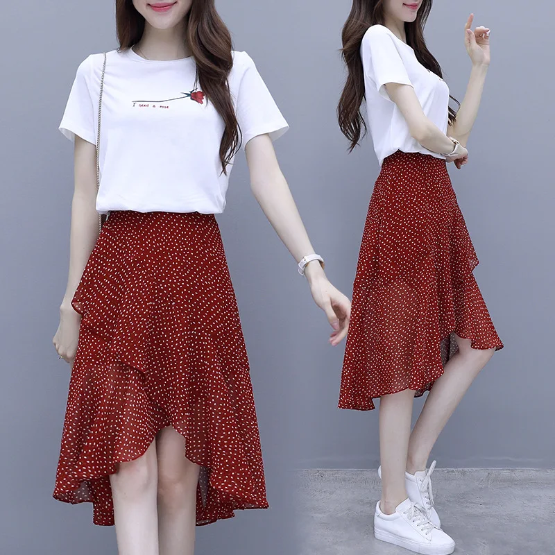 

Set 2019 Summer New Style Hipster Knitted Printed Shirt + Irregular Big Skirt Two-Piece Set