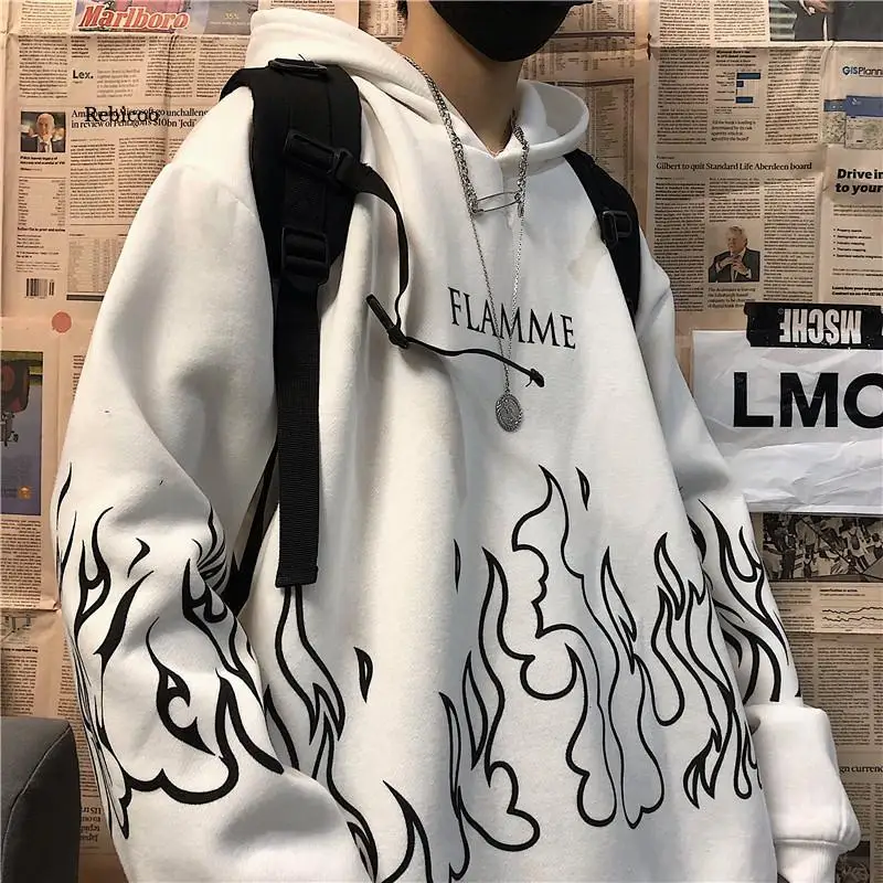 Мужской свитер с капюшоном в стиле Харадзюку, свободный бархатный уличный свитер с принтом пламени в стиле ретро, в стиле хип-хоп, весна-осень 2021