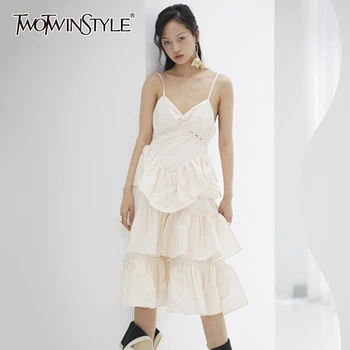 

TWOTWINSTYLE Elegant Patchwork Peals Dresses Female V Neck Spaghetti Strap High Wiast Patchwork Ruffles Midi Dresses For Female