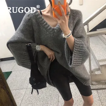 

RUGOD Fashion ins solid knitted women sweater Korean V neck long sleeve auturm winter pullover female 2019 Casual oversized coat
