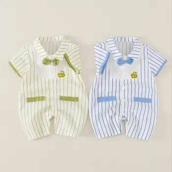 

7plus1 cotton baby boys striped bee romper handsome boy turn down collar bow jumpsuit green blue clothing summer short sleeve