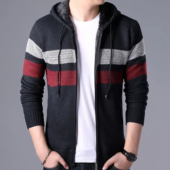 

zipper with hat thickening plus velvet autumn and winter men's sweater men's fashion stitching sweater jacket