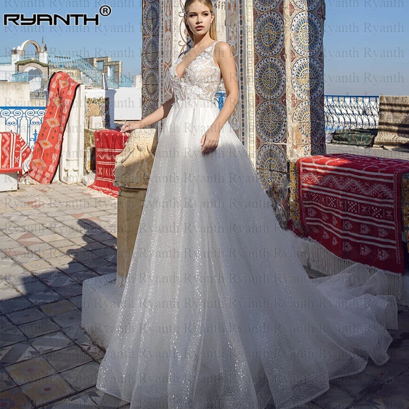 Robe de mariee сексуальное блестящее свадебное платье с глубоким v-образным вырезом Vestidos de novia богемные свадебные платья на заказ