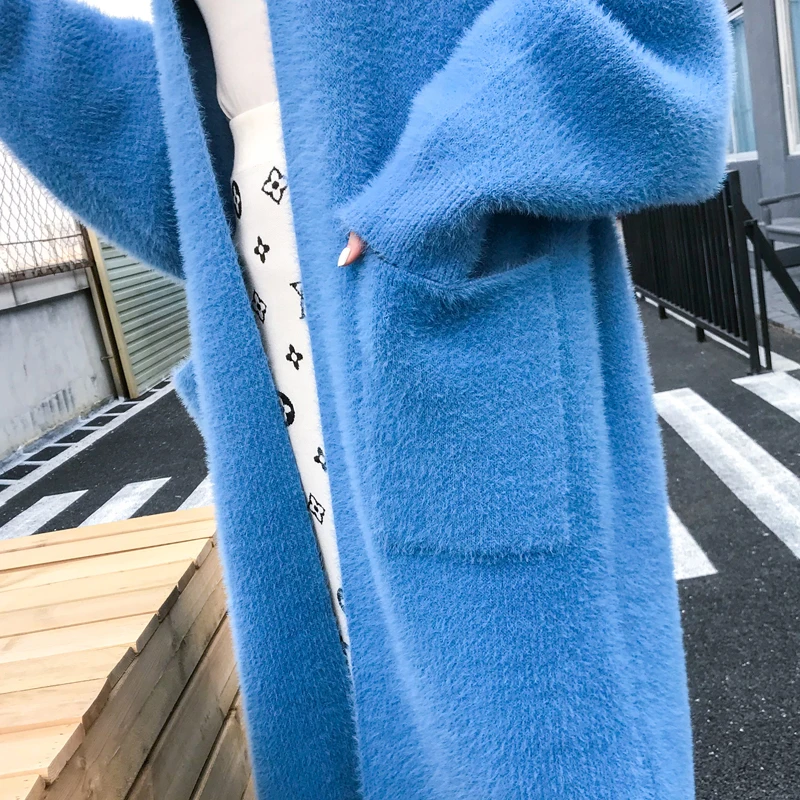 Корейский стиль, рукав летучая мышь, большой размер, свитер, женский, свободный, элегантный, из искусственной норки, свободный, вязаный кардиган, длинный свитер