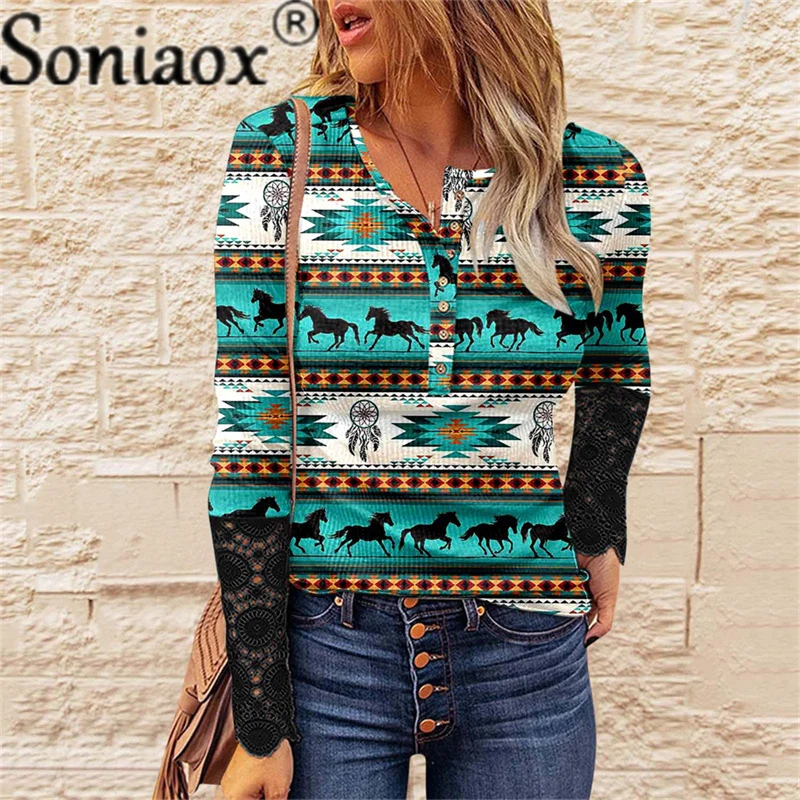 

Spring Fashion New Panelled Lace Long Sleeve Pullover Top Fall Slim Button O-Neck Printed T-Shirt Elegant Basic Women's Clothing