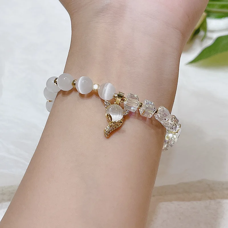Cat/Fox/Moon/Mermaid Tail Lucky White Cat's Eye Stones Beaded Bracelets for Women Girls Fashion Jewelry Christmas Gifts