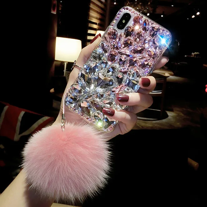 

For iPhone XI Max 2019 Shiny Stone Cover Rhinestone Case For iPhone XS Max XR 6s 7 8 Plus Fox Fur Ball Capa Coque