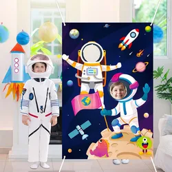 Banderole d'arrière plan de photographie d'astronaute, accessoires de photographie d'arrière plan de visage d'astronaute, fournitures de jeu de fête d'anniversaire pour bébé pour enfants 