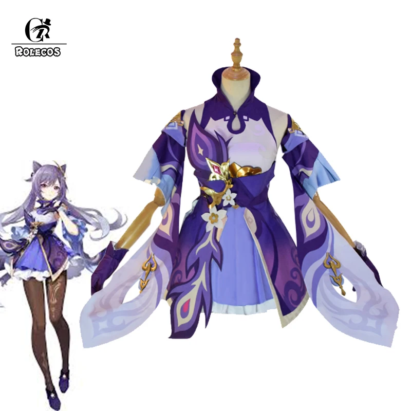 ROLECOS Game Genshin Impact Keqing Cosplay Costume Genshin Impact Cosplay Keqing Costumes Women Dress Full Set Headwear Gloves