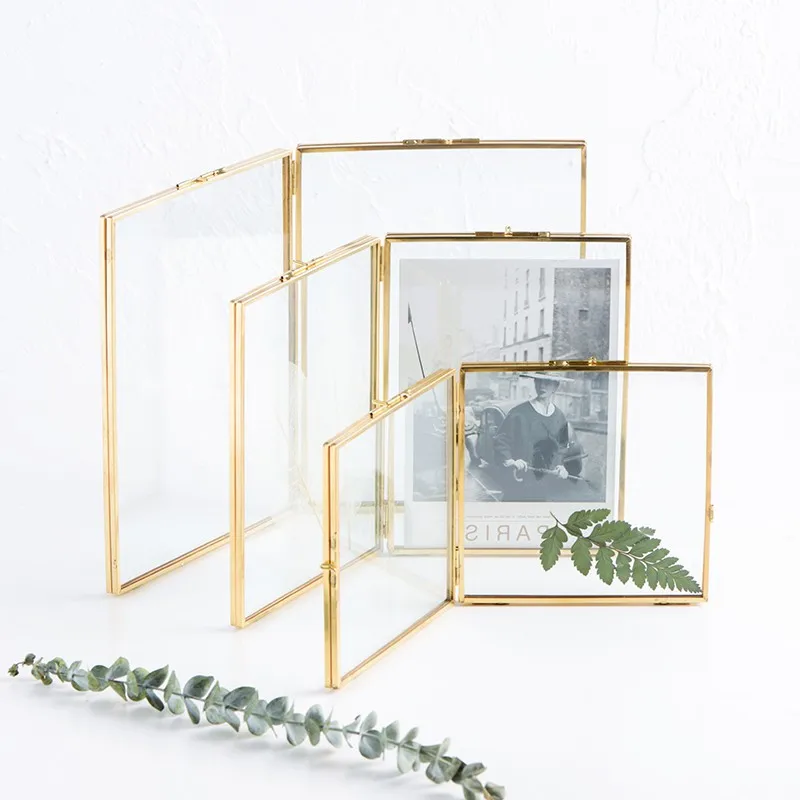 

Folded Double-Sided Glass Metal Photo Frame, Botanical Specimen Holder, Electroplated Gold-Covered Display Stand
