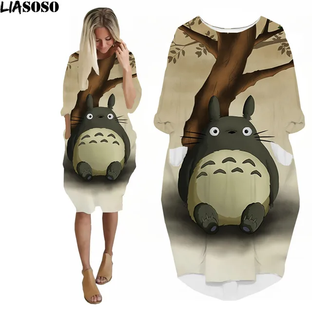LIASOSO Anime Totoro Dress 3D Printing Girls Street Interesting Fashion Trend Wild Loose Long Sleeve Over The Knee Dress Womens QAAA14669