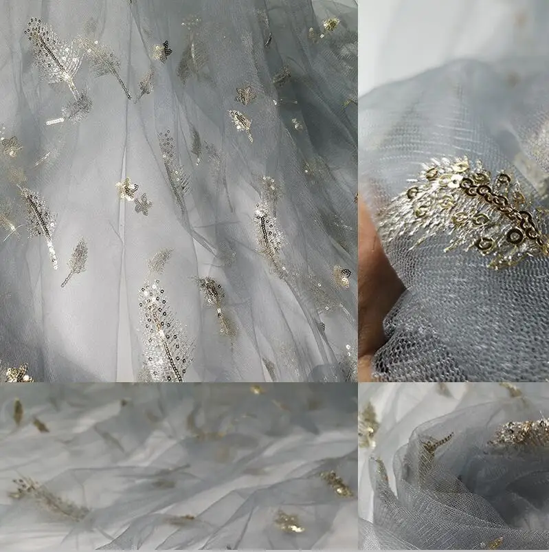 Серый лист блесток вышитые сетчатые ткани для юбки сцены вечерние свадебные домашний декор вечернее платье