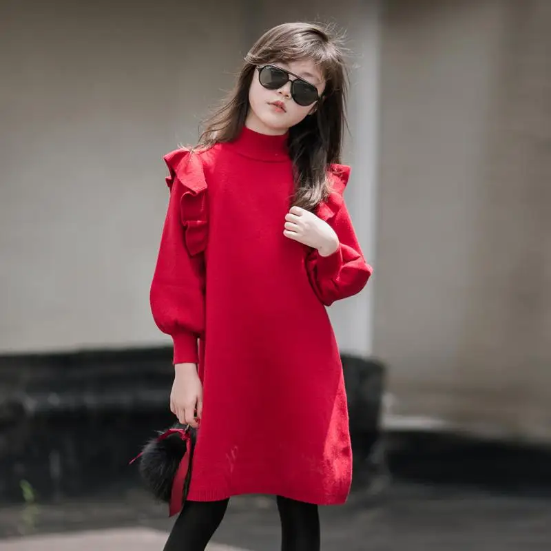 Весенне-осеннее детское модное трикотажное платье для девочек детская одежда платье-свитер принцессы с длинными рукавами и рюшами для девочек-подростков K226