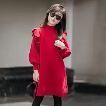 Весенне-осеннее детское модное трикотажное платье для девочек детская одежда платье-свитер принцессы с длинными рукавами и рюшами для девочек-подростков K226