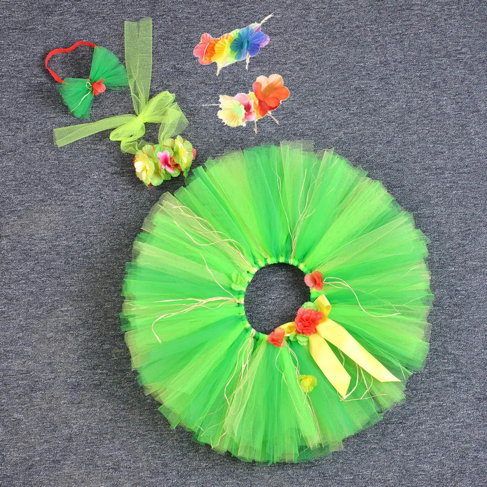 Green Baby Girls Princess Flower Skirt Kawaii Knee Length Tulle Skirt Girls Hawaiian Party Tutu Skirt Set Skirt and Top Headwear (4)