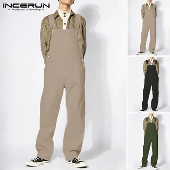 

INCERUN Solid Color Versatile Tool Straight Men's Jumpsuit Straw Pants Loose Fashion 2019 Men's Romper Overalls Men's Streetwear