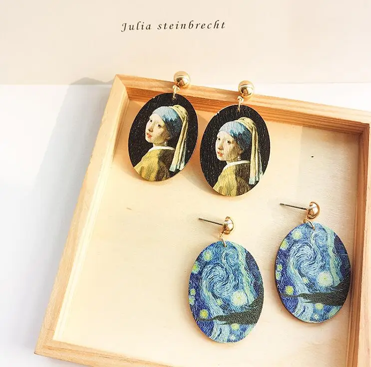 

Asymmetric Oval Shaped Girl With Pearl Van Gogh Oil Painting Starry Sky Dangle Earrings For Women