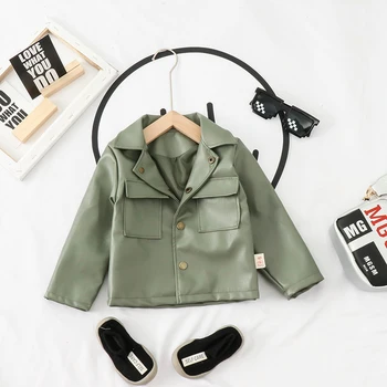 

INS HOT Baby Boys PU Jacket 1-5 years old Kids Coat Spring and Autumn Solid Color Solid Pocket Boys Coats Baby Fur Coat
