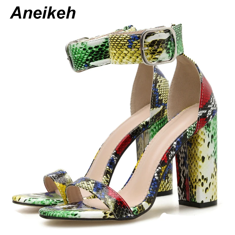 

Aneikeh Fashion Color snake pattern Gladiator Sandals Shoes Woman Peep Toe High Heels Ankle Strap Summer Pumps Party Shoes 41 42