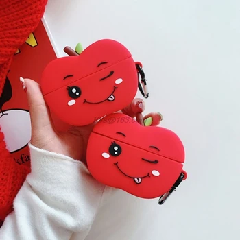 

Red Fruit Style Protective Case Silicone Cover Shell with Carabiner for Airpods Pro Wireless Bluetooth Headset Box