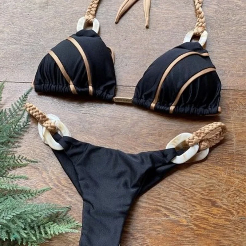 Weave triangle swimsuit separate biquinis women new two piece suit Ring sexy bathing suit swimming Halter micro swimwear