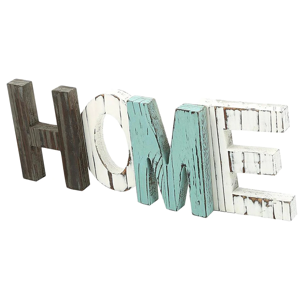 Rustic Wooden Block Home Sign, Cutout Letters Weathered Wood, Freestanding Alphabets for Decoration, Multicolored