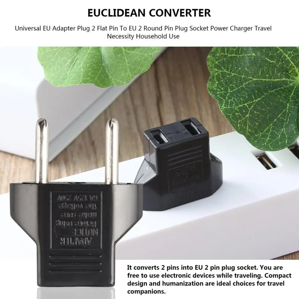 

Universal EU Adapter Plug 2 Flat Pin To EU 2 Round Pin Plug Socket Power Charger Travel Necessity Household Use