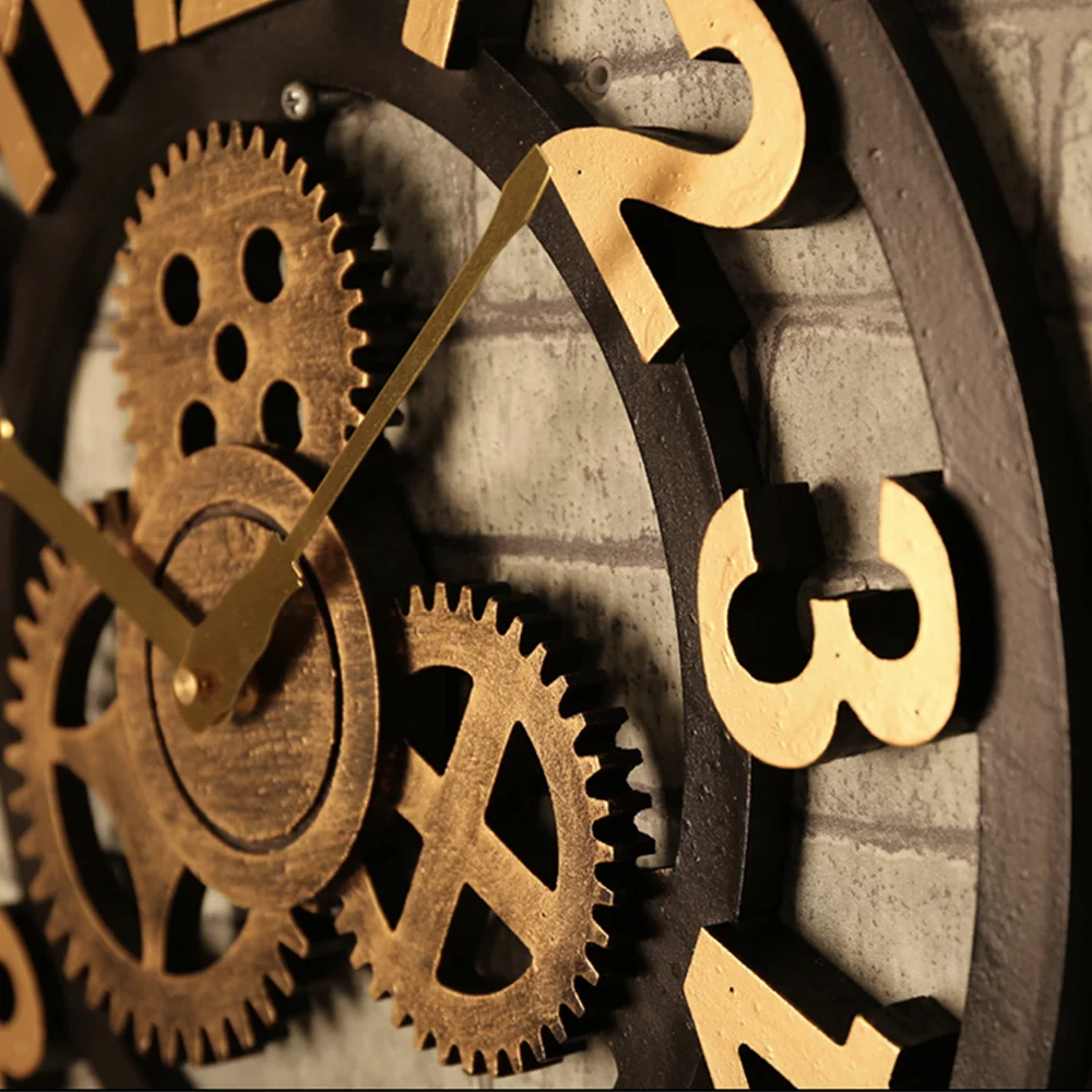 Gear Large Wall Clock Modern Design Clocks Quartz Time Mute Watch Wooden  Decor 3D Vintage Horloge Saat - 6