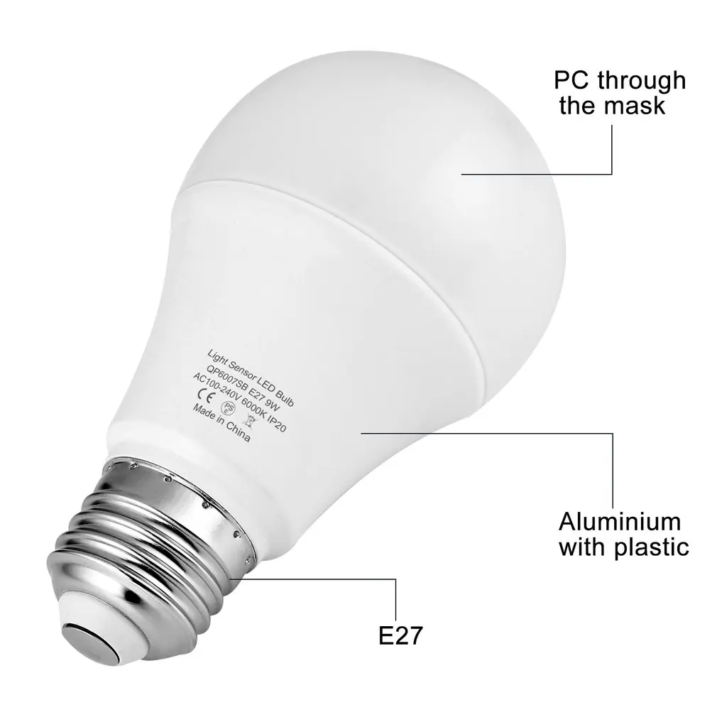 9W E27 Intelligent Light Sensor LED Bulb 6000K with Auto Switch Sensor Lamp Built-in Photosensor Detection for Indoor Outdoor