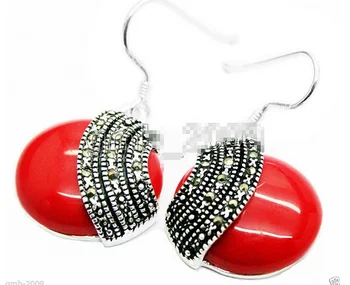 

Fashion 925 Sterling A 18*18mm Red Coral Coin Marcasite Earrings