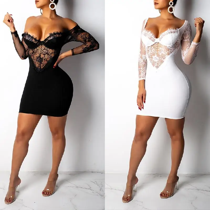 

Bikitique Women's Pencil Dress Fashion Solid Mini Slash neck See-Through Bodycon Party Dress Lace Sleeves Sexy Dress Vestidos