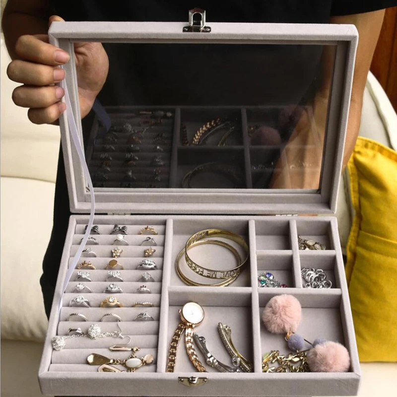 Velvet Glass Jewelry Ring Display Organizer Box Tray Holder Earring Storage Case 