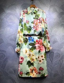 

Red RoosaRosee Fashion Foreign Trade Women Suit Lapel Floral Print Silk Shirt Pencil Skirt Set Summer Luxury Lady Twinset Party