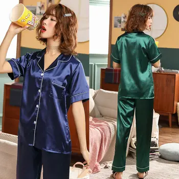 

2020 Summer Women Silk Satin Pajamas Set Ladies Loungewear Sleepwear Solid Soft Nightgown Homewear Short Sleeve Tops Long Pants