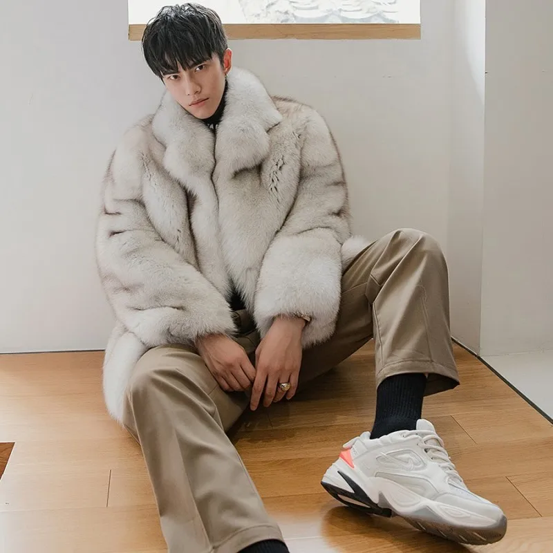 Роскошное пальто из лисы Мужская зимняя модная однотонная теплая куртка