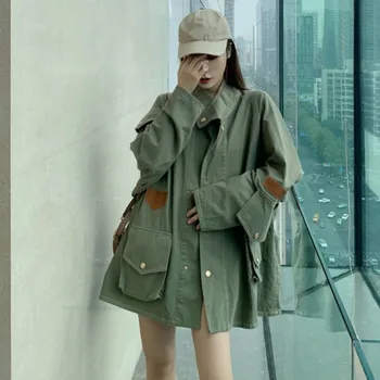 

Women Coat Long Loose BF Long Sleeve Stand collar Harajuku Tooling Jacket 2020 Spring Autumn new Korean Female Tops Outwear