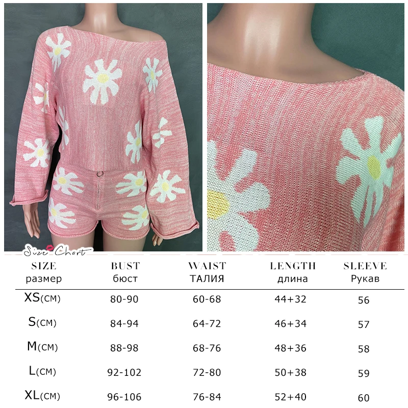 Tossy Knitted Women's 2 Piece Sets Outfits Casual Pink Floral Sweet Oversized Sweater Suit With Shorts For Women 2022 Tracksuit