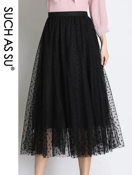

Summer 2020 New Korean Fashion Polyester Mesh Skirt Women Dot Black Skirt Elastic Waist Elegant Mid Calf Length Pleated Skirt