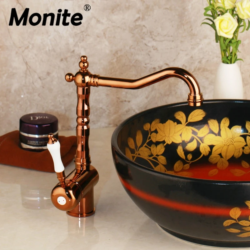 

Monite Luxury Rose Golden Bathroom Basin Faucet Single Handle Mixer Tap Cold and Hot Water Tap European Design Ceramic
