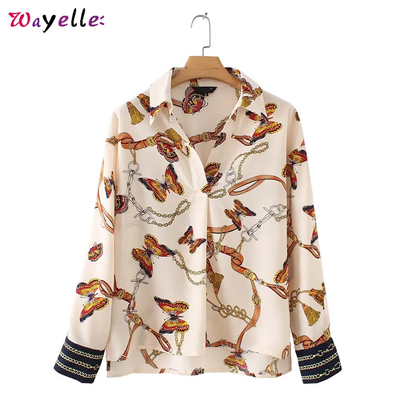 

Women Long Sleeve Pleated Shirts Chic Chains Butterfly Print Full Women Blouses Elegant Casual Chic Blusas Mujer De Moda 2019