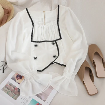 

elegant women white shirts turn-down collar flare sleeved double breast short high waist lady elegant shirts outwear tops