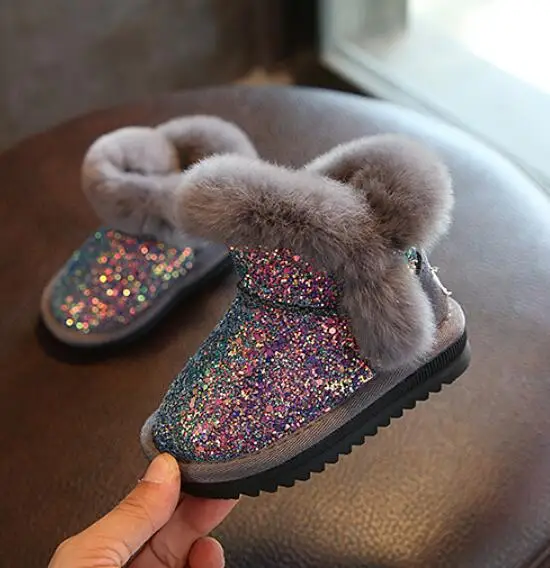 Г. Зимние Детские модные зимние Ботинки Толстая детская хлопковая обувь теплые плюшевые ботинки с мягкой подошвой для маленьких девочек зимние лыжные ботинки для малышей - Цвет: Grey