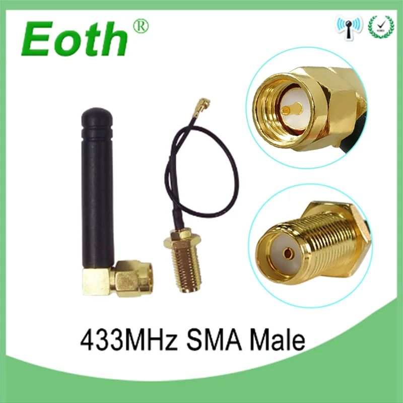 

433MHz Antenna 2.5dbi SMA Male Connector 433 MHz antena Small size elbow 433m antenne Lorawan + 21cm RP-SMA/u.FL Pigtail Cable