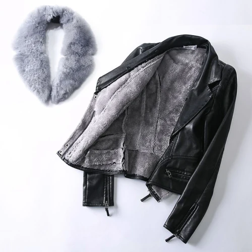 KMETRAM, зимняя женская куртка, уличная куртка из искусственной кожи, Женское пальто, воротник из натурального меха кролика, теплая парка, куртка-бомбер, MY4929 - Цвет: black-removable coll