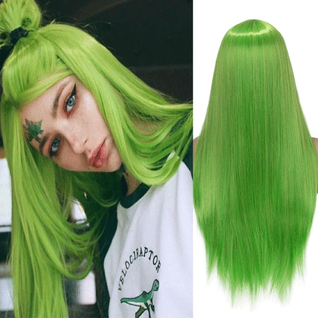 Wignee Long Natural Straight Wig Blonde Middle Part Cosplay Party Lolita Synthetic Wigs for Women Heat Resistant Fiber Grass Green