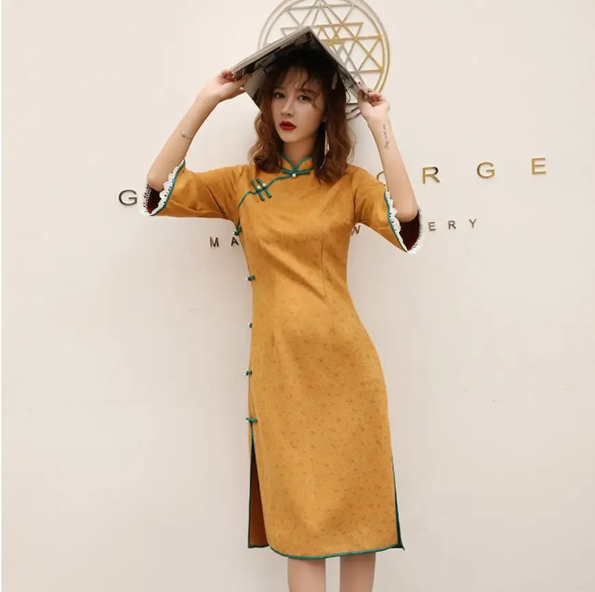 Autumn New yellow lace half sleeve dresses chinese womens cheongsam sexy high split modern qipao dresses