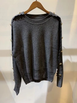 

2019 fall and winter Unique Metal Ring Decorative Long Sleeve Knitted Wool Blended Sweater