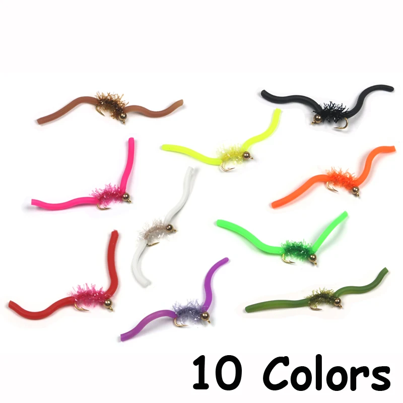 ICERIO 10PCS San Juan Worm Brass Bead Head Squirmy Wormy Fly Trout Fly Fishing Lures Nymphs#10