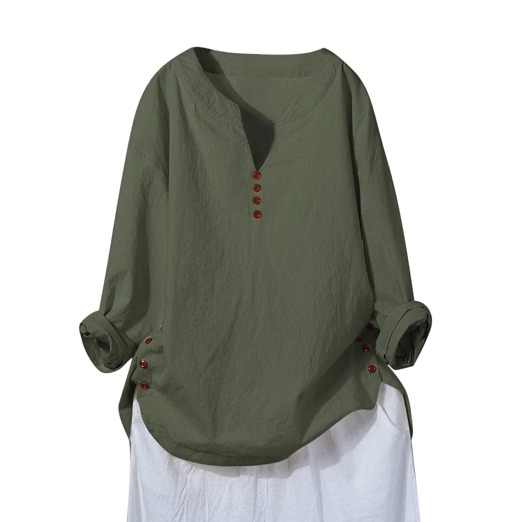 M-5XL осенние женские блузы и топы женские с длинным рукавом Хлопок Лен кафтан дамы мешковатые блузки рубашки топы - Цвет: Army Green