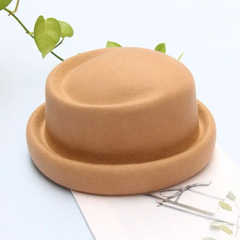 Women Faux Wool Felt Jazz Hat Solid Color Roll-Up Short Brim Vintage Bucket Cap